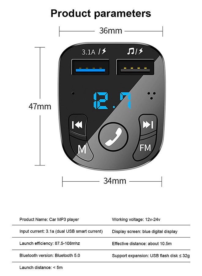 Mi VAZA - Car Bluetooth Adapter - Car Charger - MP3 Music Player - Wireless Radio Adapter- FM Transmitter - Car Kit - Car Accessories - Support USB Disk, TF Card - Image 1