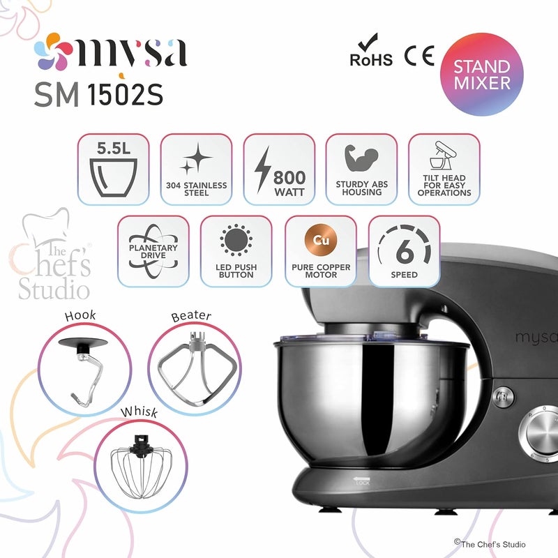 MYSA SM1502 Stand Mixer 800 W Planetary Drive Food Mixer Tilt Head 55 Ltrs SS Bowl with 6 Speed for Baking and Cooking Stainless Steel Bowl Dough Hook Wire Whisk and Beater Grey - Image 2