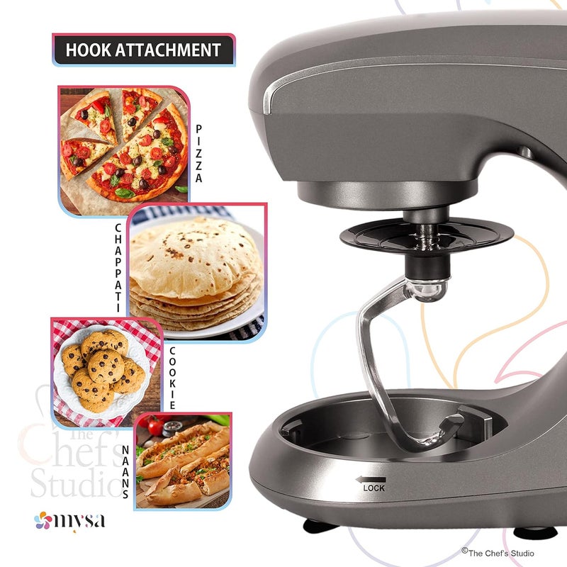 MYSA SM1502 Stand Mixer 800 W Planetary Drive Food Mixer Tilt Head 55 Ltrs SS Bowl with 6 Speed for Baking and Cooking Stainless Steel Bowl Dough Hook Wire Whisk and Beater Grey - Image 4