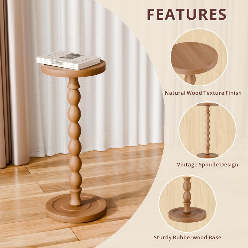 iFaveorr Solid Wood Drink Table, Rubber Woodâ€Œ Small Round Side Table for Small Spaces, Martini Tables, Pedestal End Tables for Living Room, Bedroom, Corners, and Office (Light Walnut, 9.4 inch) - Image 3
