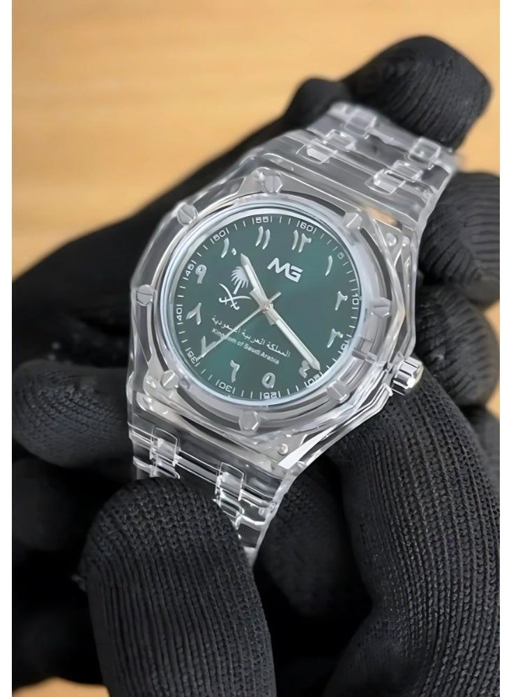 ام جي ساعة يد رجالية شفافة, أرقام عربية, لون أخضر ملكي, نسخة اليوم الوطني أنيقة وفخمة. - Image 2