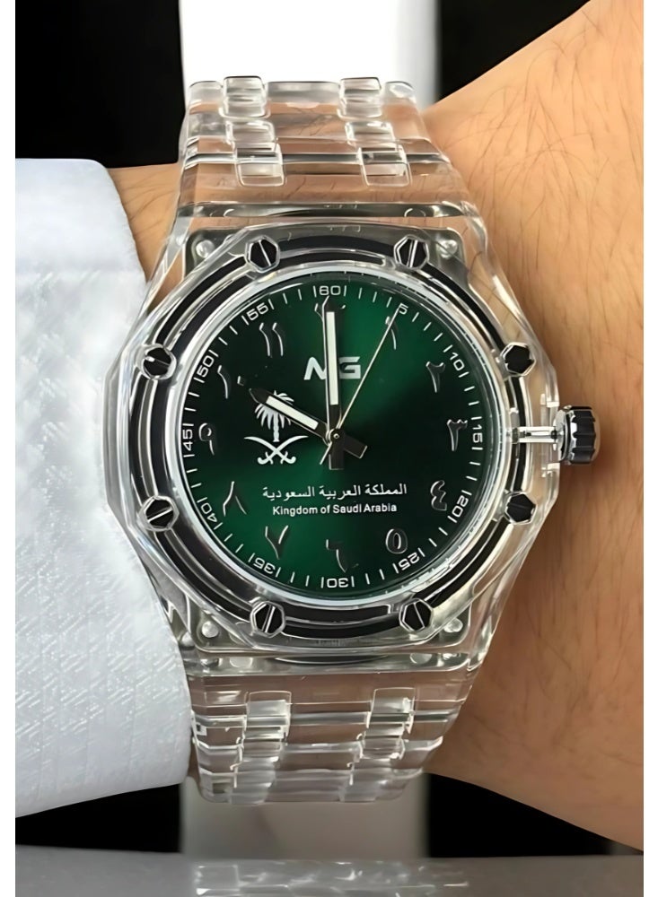 ام جي ساعة يد رجالية شفافة, أرقام عربية, لون أخضر ملكي, نسخة اليوم الوطني أنيقة وفخمة. - Image 1