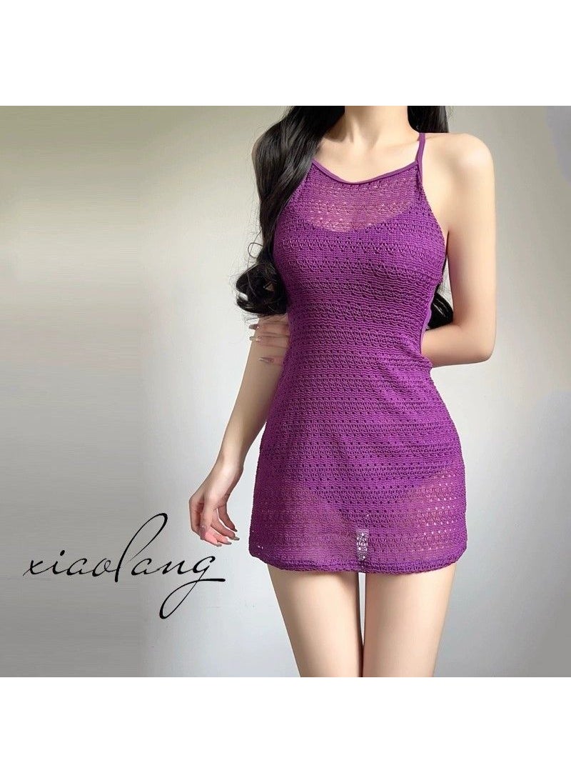 Generic - New Korean Style White Enhancing Purple Hollow out Backless One Piece Swimsuit for Women Vacation Hot Spring Beach Resort XL - Image 1