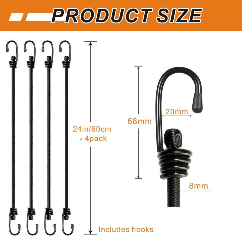 BEXSLE Bungee Cords with Hooks, Heavy Duty Outdoor Elastic Bungee Strapsï¼ŒNo Odour Industrial Grade Bungee Rope for Securing Tarps, Luggage, Tents, Bikes or Garden Tidying 24inch 4Pcs (Black) - Image 5