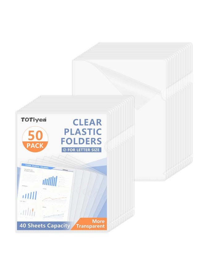 TOTiyea 50 Pack Clear Folder, Plastic L-Type Folders, Clear Copy Safe Project Pocket, Fits Letter Size 8.5x11 Paper, Transparent - Image 1