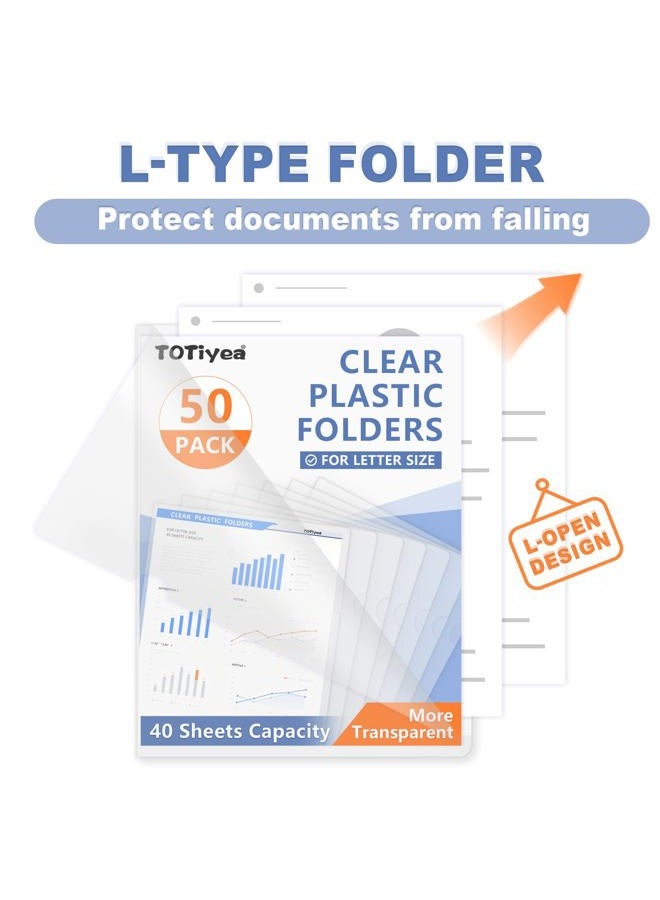 TOTiyea 50 Pack Clear Folder, Plastic L-Type Folders, Clear Copy Safe Project Pocket, Fits Letter Size 8.5x11 Paper, Transparent - Image 4