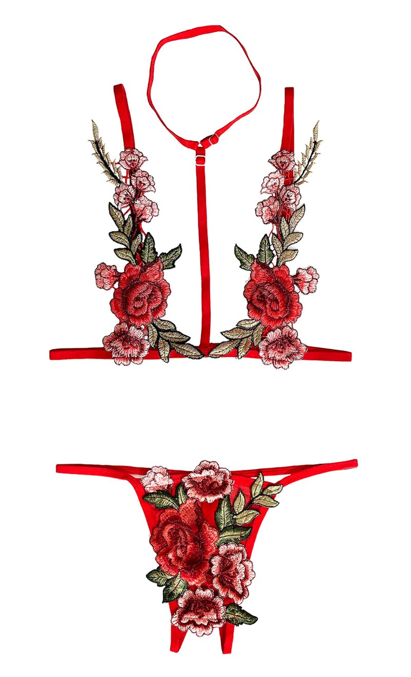 Xs and Os Women's Embroidered Floral Bra Panty Lingerie Set (Multicolor (Red), Small) - Image 2