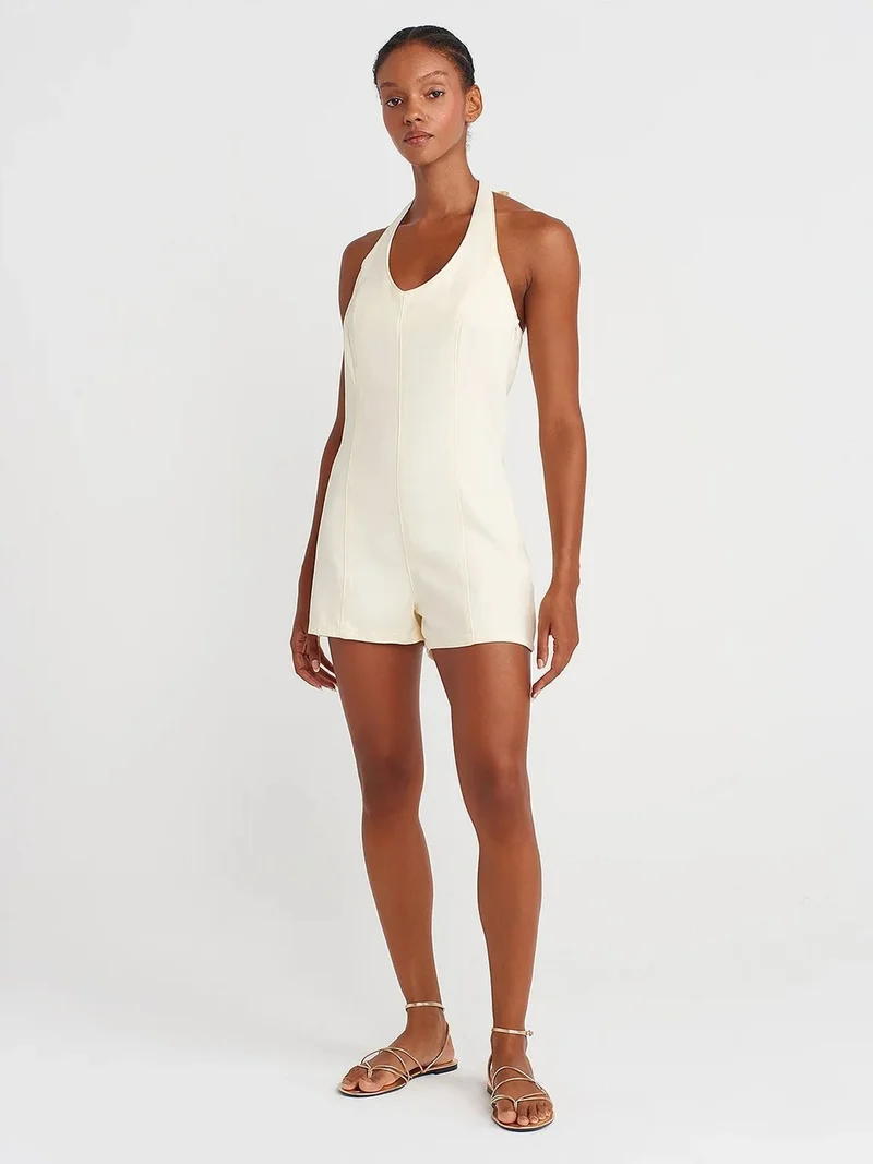 ديلفين DILVIN Halter Tie-Detail Short Playsuit