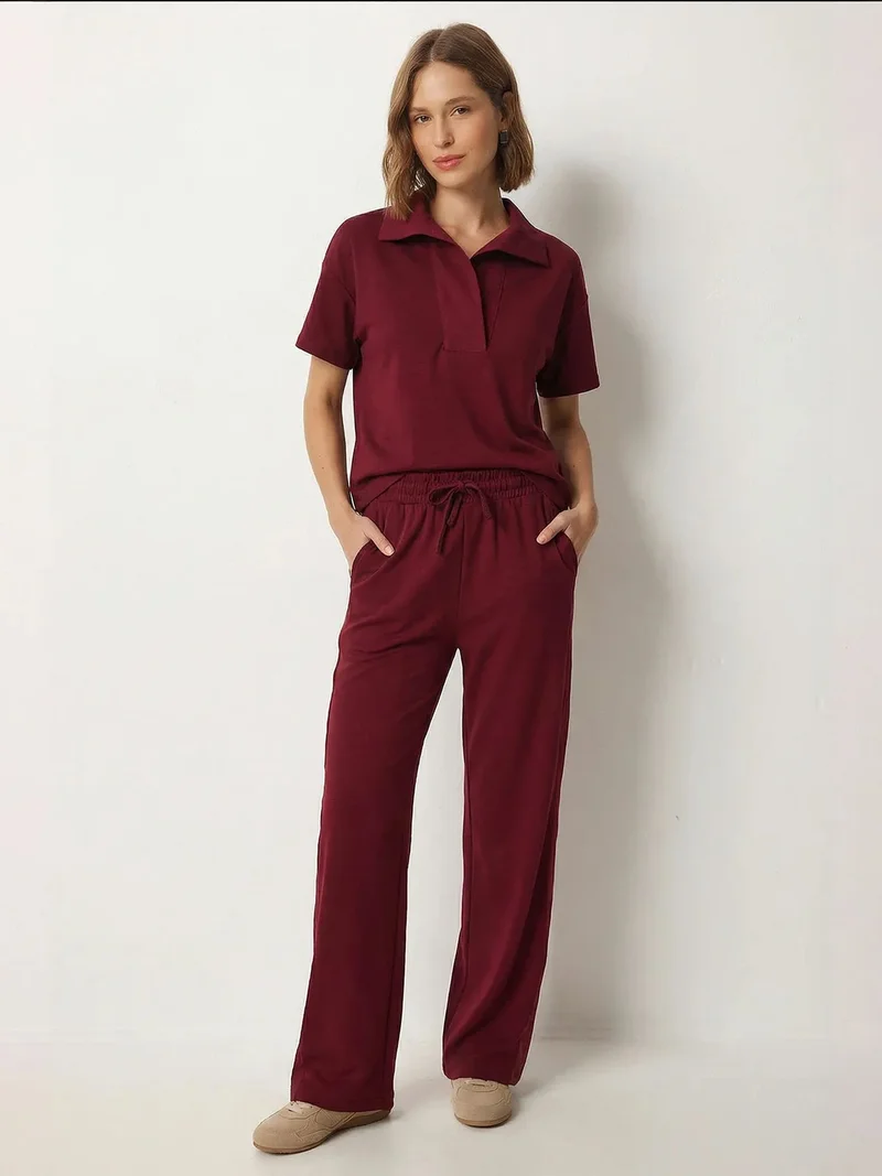 السعادة في إسطنبول ISTANBUL Polo Collar Blouse & Mid Waist Wide Leg Pants Two-Piece Set