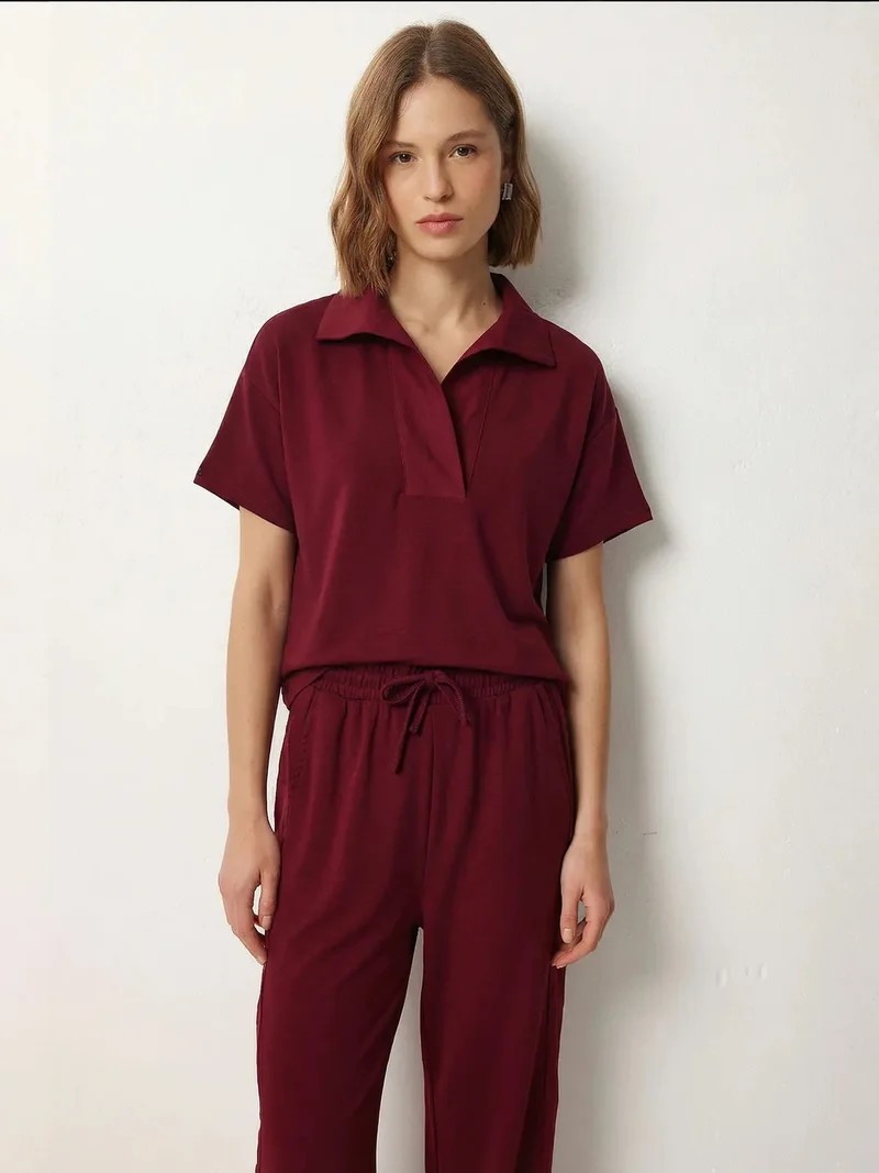 السعادة في إسطنبول ISTANBUL Polo Collar Blouse & Mid Waist Wide Leg Pants Two-Piece Set