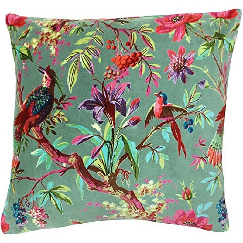 Riva Paoletti Paradise Square Cushion Cover Mineral Blue Colourful Bird Print Velvet Fabric Machine Washable 100 Cotton 50 x 50cm 20 x 20 inches
