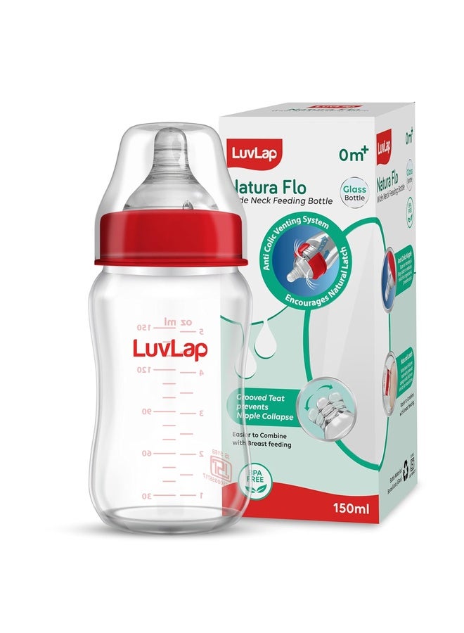 Luvlap Natura Flo Wide Neck Glass Feeding Bottle, New Born/Infants/Toddler Upto 3 Years, BPA Free, Ergonomic Shape is Easy to Hold, with Anti Colic Nipple, 150ml - Image 1