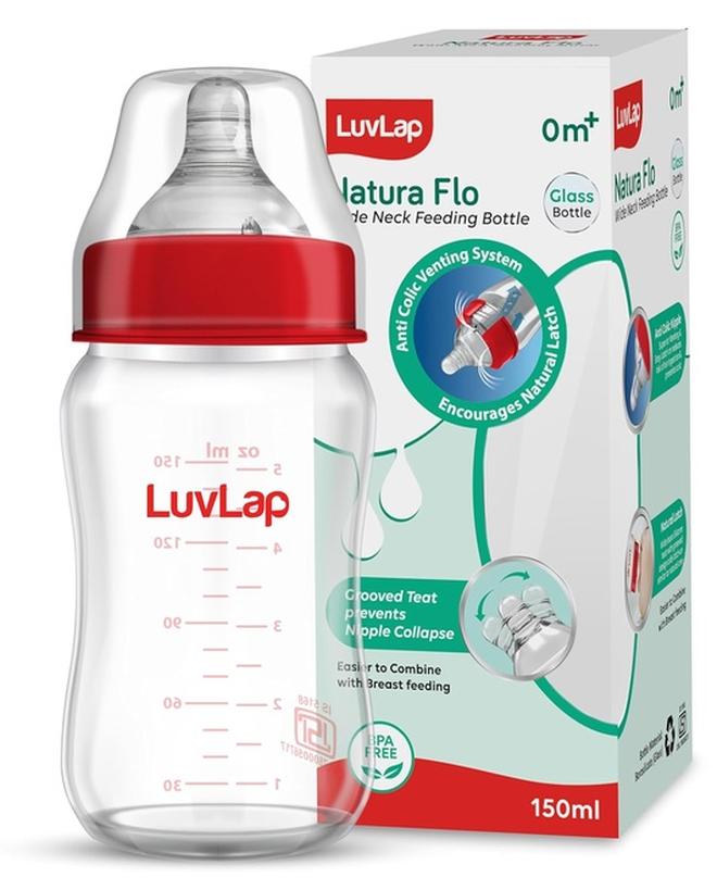 Luvlap Natura Flo Wide Neck Glass Feeding Bottle, New Born/Infants/Toddler Upto 3 Years, BPA Free, Ergonomic Shape is Easy to Hold, with Anti Colic Nipple, 150ml - Image 1