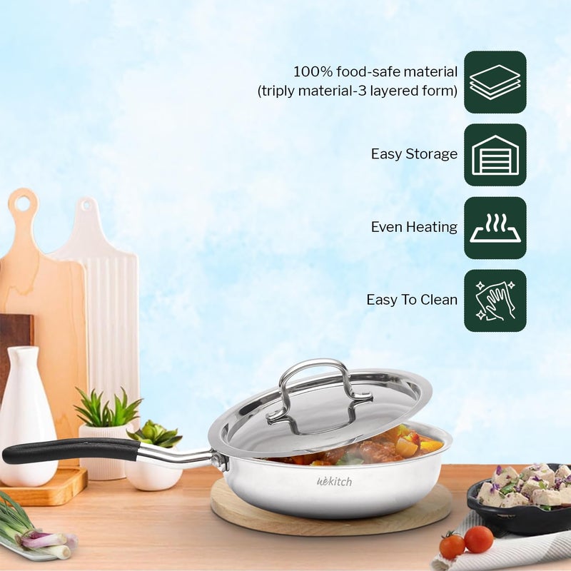 Wekitch مقلاة ويكيتش ثلاثية الفولاذ المقاوم للصدأ مع غطاء متوافقة مع موقد الغاز induction سعة 21 لتر تشطيب مرآة سهلة التنظيف جاهزة للموقد induction والغاز - Image 2