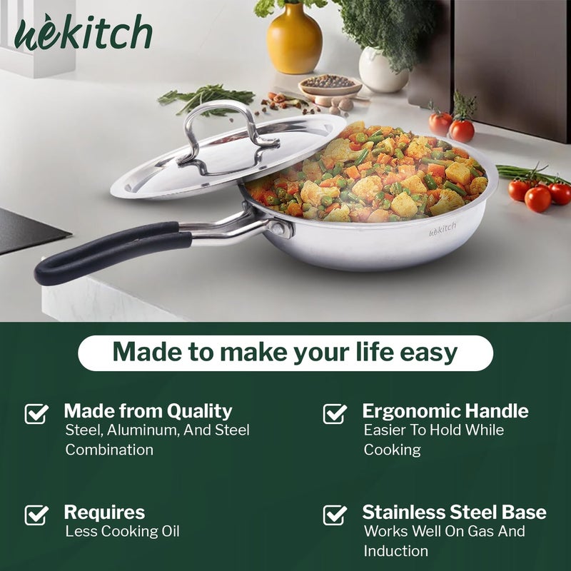 Wekitch مقلاة ويكيتش ثلاثية الفولاذ المقاوم للصدأ مع غطاء متوافقة مع موقد الغاز induction سعة 21 لتر تشطيب مرآة سهلة التنظيف جاهزة للموقد induction والغاز - Image 4