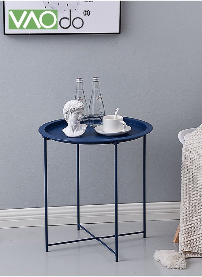 Metal Side Table Side Table  for Small Spaces  Outdoor  Patio Side Table  Circle Metal Bedside Table  Waterproof Removable Tray Round Accent Table  for Nursery Bedroom Balcony Office Dark Blue