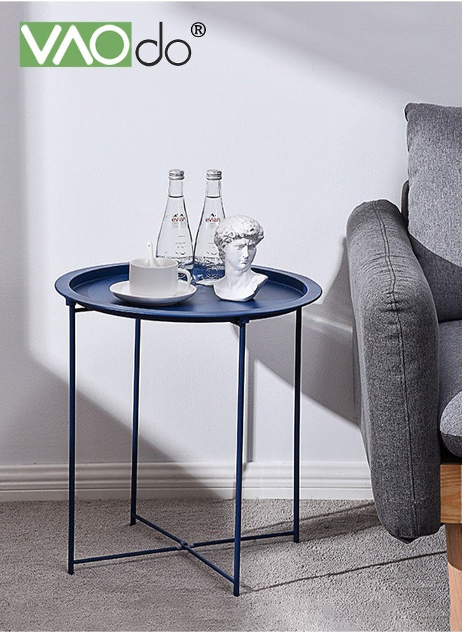 Metal Side Table Side Table  for Small Spaces  Outdoor  Patio Side Table  Circle Metal Bedside Table  Waterproof Removable Tray Round Accent Table  for Nursery Bedroom Balcony Office Dark Blue