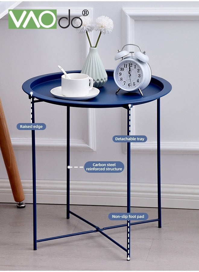Metal Side Table Side Table  for Small Spaces  Outdoor  Patio Side Table  Circle Metal Bedside Table  Waterproof Removable Tray Round Accent Table  for Nursery Bedroom Balcony Office Dark Blue