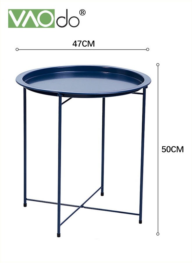 Metal Side Table Side Table  for Small Spaces  Outdoor  Patio Side Table  Circle Metal Bedside Table  Waterproof Removable Tray Round Accent Table  for Nursery Bedroom Balcony Office Dark Blue