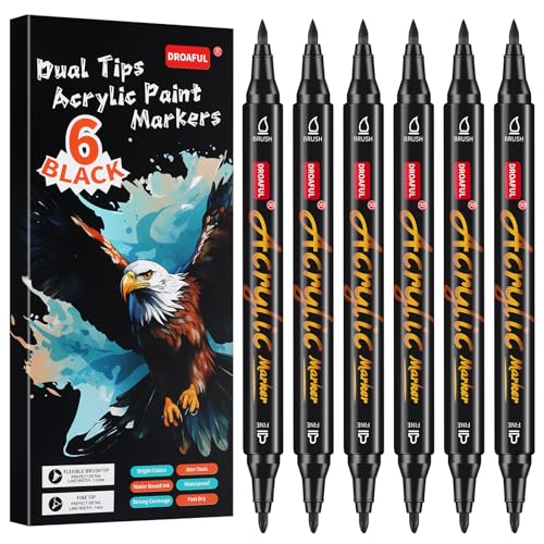 Droaful Acrylic Paint Pens Markers, 6 Pc Dual Tips Waterproof Paint Markers For Rock Painting, Fabric, Metal, Glass, Wood, Canvas, Ceramic, Pumpkins, Eggs, Plastic, Non-Toxic & Odor - Image 1