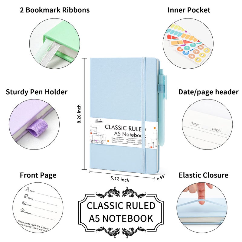 feela 3 Pack Hardcover Notebook For Women, Classic Ruled Lined Journal Set School Business Supplies, with 3 Black Pens, 120 GSM, 5.1â€x8.3â€, A5, Pastel Colors, Light Blue, Light Purple, Light Green - Image 2