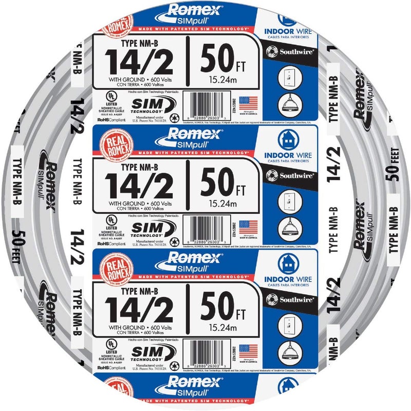 Southwire 28827422 50 142 with Ground Romex Brand SIMpull Residential Indoor Electrical Copper Wire Type NMB White