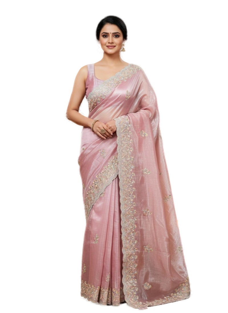 Glory Sarees Women’s Organza Chiffon Embroidery Work Scallop Border Saree With Blouse Piece (Chiffon101_Peach) - Image 1