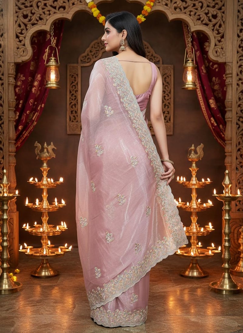 Glory Sarees Women’s Organza Chiffon Embroidery Work Scallop Border Saree With Blouse Piece (Chiffon101_Peach) - Image 3
