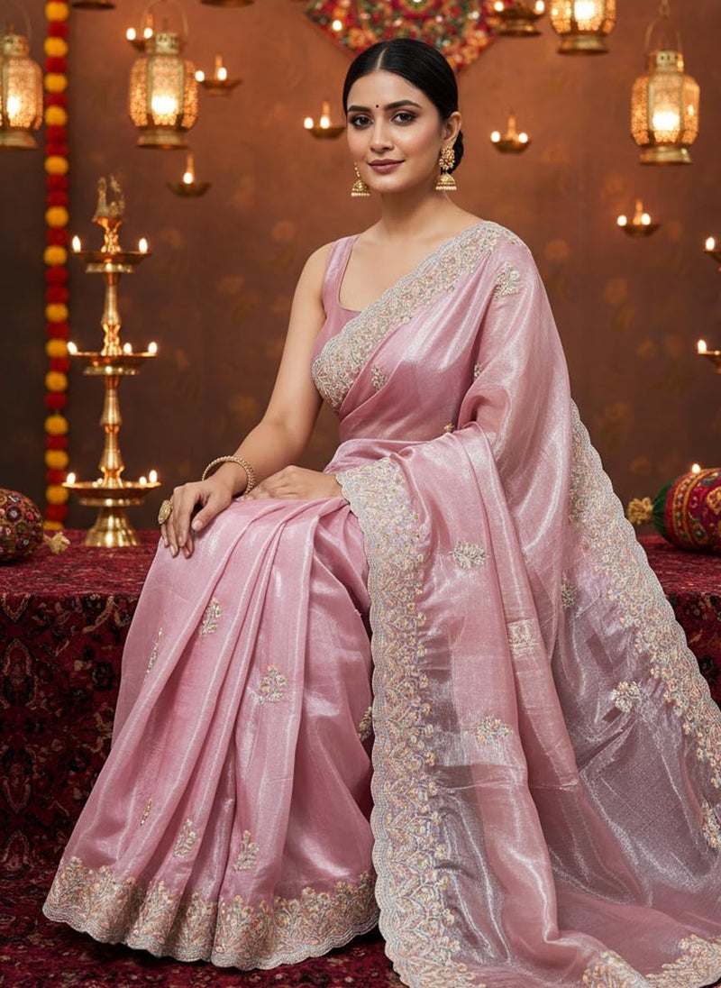 Glory Sarees Women’s Organza Chiffon Embroidery Work Scallop Border Saree With Blouse Piece (Chiffon101_Peach) - Image 4