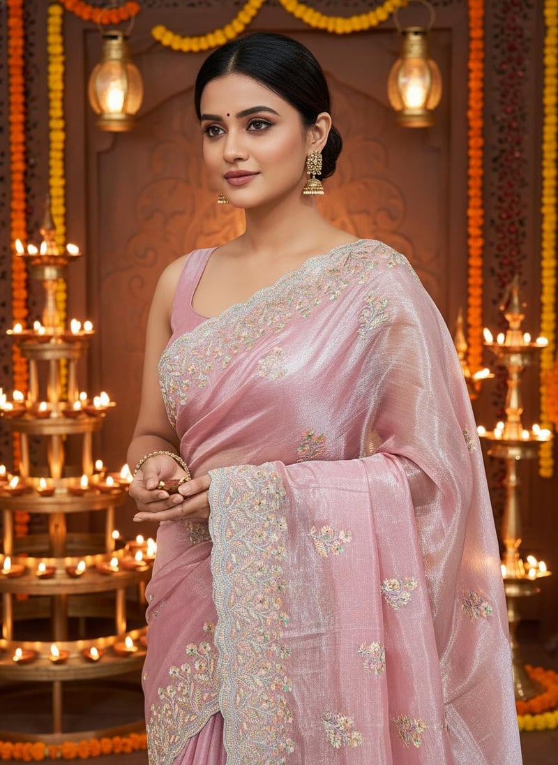 Glory Sarees Women’s Organza Chiffon Embroidery Work Scallop Border Saree With Blouse Piece (Chiffon101_Peach) - Image 5