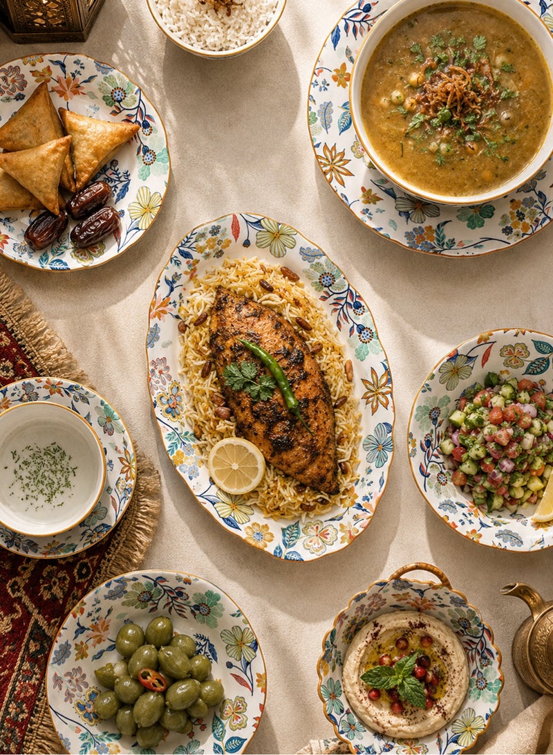 طقم عشاء من ١٨ قطعة، طقم هدايا، أدوات مائدة سيراميك كلاسيكية أنيقة، آمنة للاستخدام في غسالة الصحون والميكروويف، زهور ملونة - Image 3