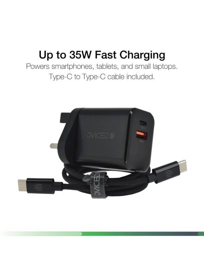 Dviced Wall charger and cable with 35W GaN-  1 USB-C 1 USB-A  UK plug - Black - Image 2