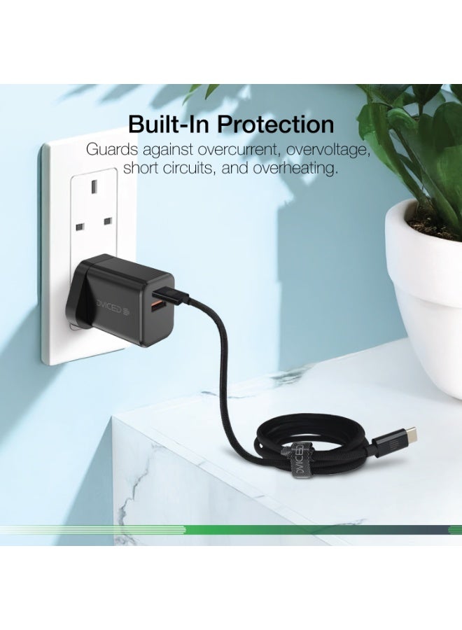Dviced Wall charger and cable with 35W GaN-  1 USB-C 1 USB-A  UK plug - Black - Image 5