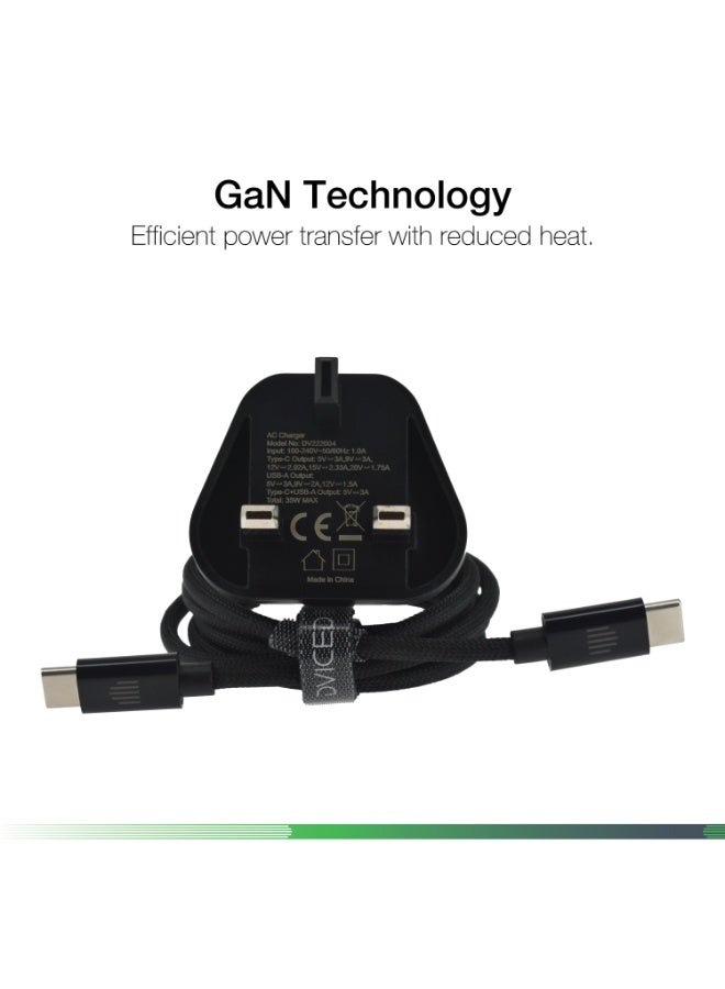 Dviced Wall charger and cable with 35W GaN-  1 USB-C 1 USB-A  UK plug - Black - Image 3