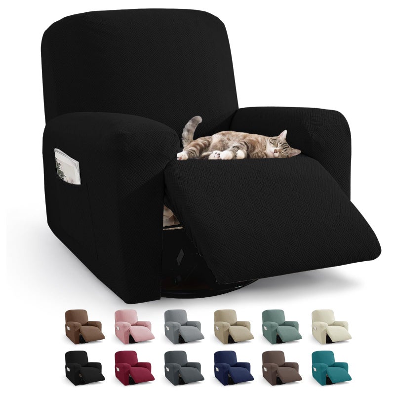 JIVINER 3 Piece Recliner Chair Cover Stretch Lazy Boy Non Slip Covers for Recliner with Pockets Soft Jacquard Reclining Sofa Slipcovers Furniture Protector with Elastic Bottom 1 Seater Black
