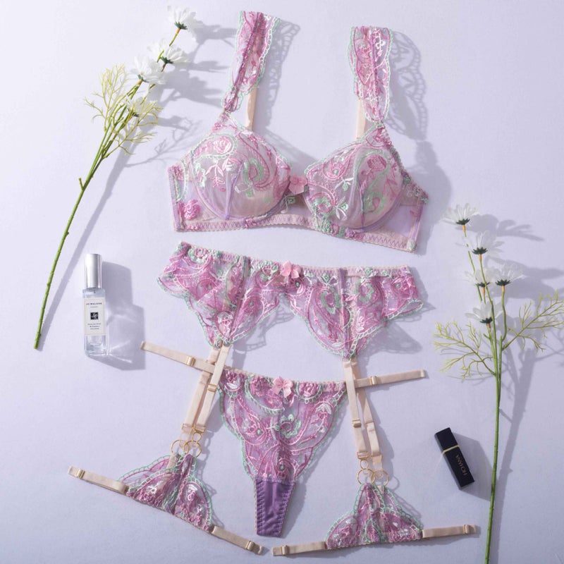 Lusha Export Intimates Garter Embroidered Gathered Mesh Body Shaping Split Suit Ls1407 - Image 1