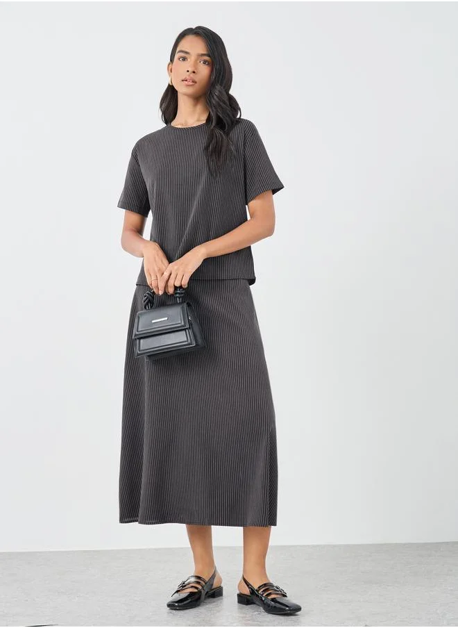 تايك تو Take Two Striped Round Neck Top and Midi Skirt Co-Ords