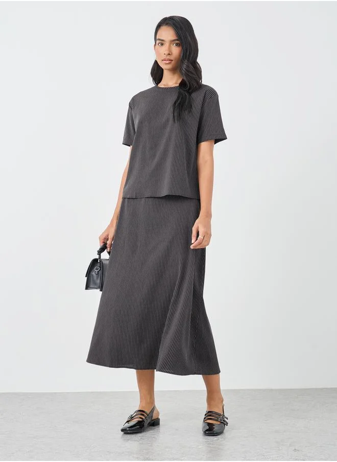تايك تو Take Two Striped Round Neck Top and Midi Skirt Co-Ords