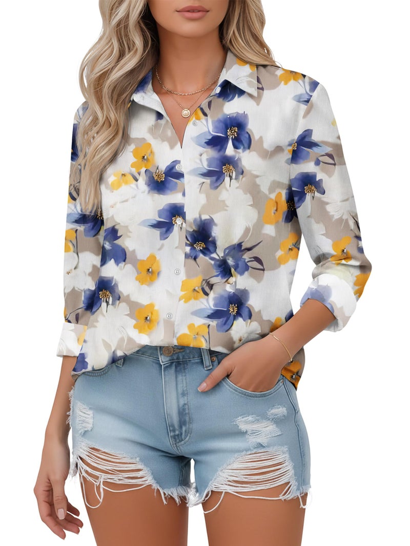 COUXILY Womens Button Down Blouse Long Sleeve Shirts for Women Tops Business Casual Shirt Work Dressy Fashion Formal Elegant Trending Classy Print Boho Hawaiian Tropical Blue Floral FL04 M - Image 2