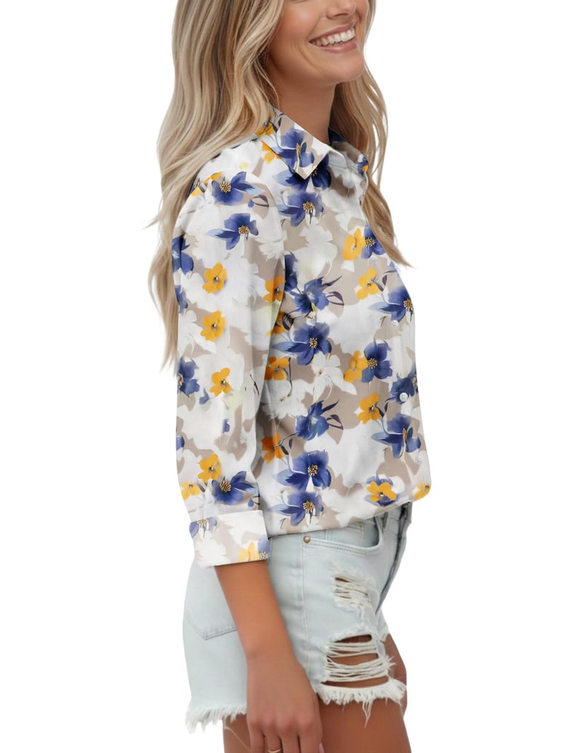 COUXILY Womens Button Down Blouse Long Sleeve Shirts for Women Tops Business Casual Shirt Work Dressy Fashion Formal Elegant Trending Classy Print Boho Hawaiian Tropical Blue Floral FL04 M - Image 3