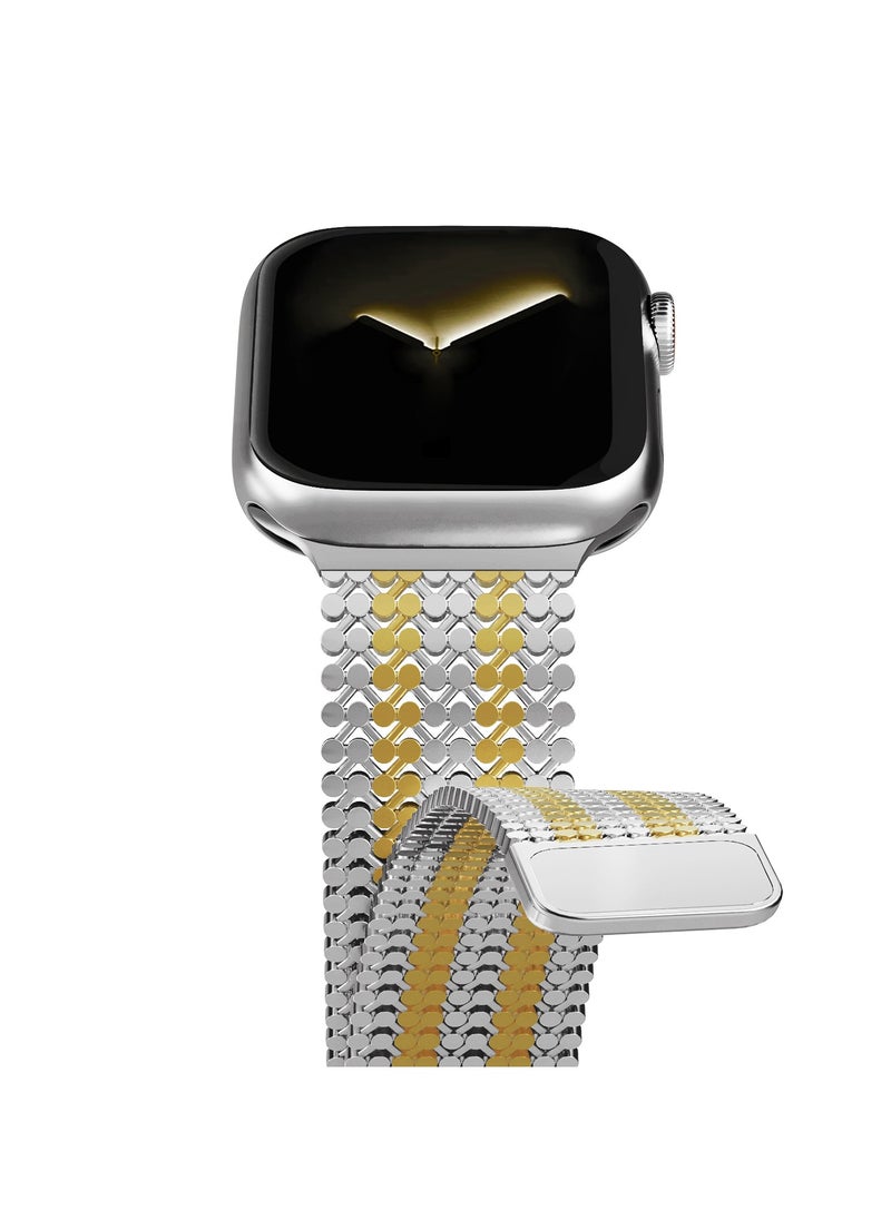 Generic - Magnetic Stainless Steel Band for Apple Watch 45mm 44mm 49mm 42mm, Women and Men Buckle-free Breathable Mesh Replacement Watch Strap for iWatch Ultra 2 Series 9 8 7 SE 6 5 4 3 2 1, Silver-Gold - Image 1