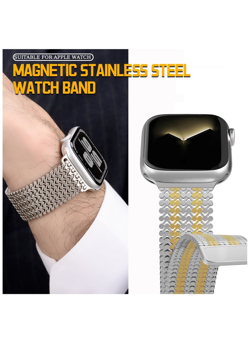 Generic - Magnetic Stainless Steel Band for Apple Watch 45mm 44mm 49mm 42mm, Women and Men Buckle-free Breathable Mesh Replacement Watch Strap for iWatch Ultra 2 Series 9 8 7 SE 6 5 4 3 2 1, Silver-Gold - Image 1