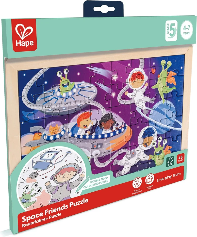 Hape Hape Space Friends Puzzle | Educational Double Sided Colouring Jigsaw Puzzle for Kids, 48 Pieces | Ages 4+