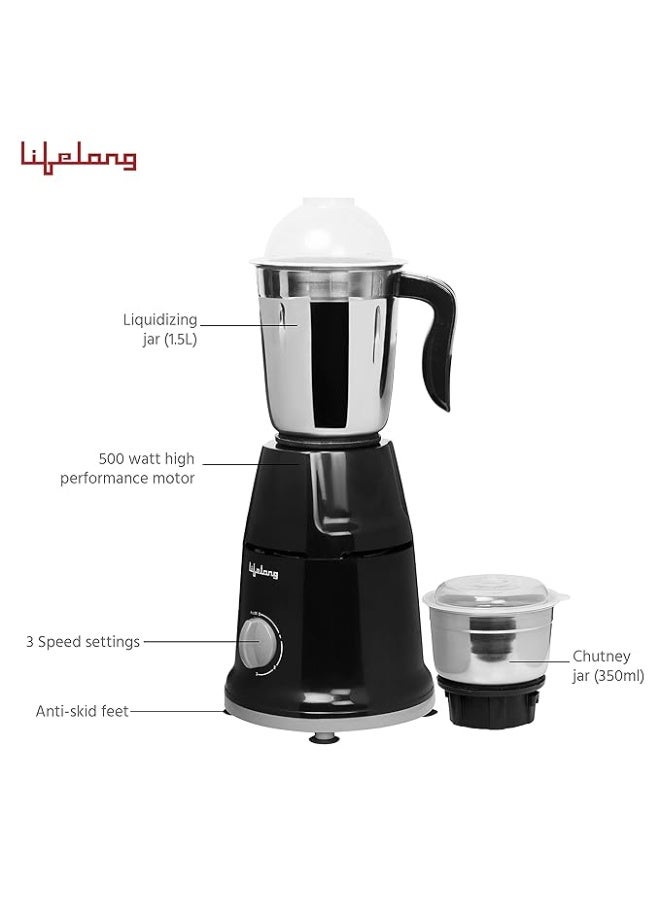 Lifelong Mixer Grinder for Kitchen - 2 Jars 500 Watt - Mixie with Mini Jar for Chutney & Liquidizing Jar used as Wet Grinder & Blender for Milkshake, Smoothie, Puree -Stainless Steel Blades (LLMG93) - Image 3