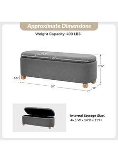 LEGACY OF COMFORT LEGACY OF COMFORT Darioush Modern 51 Wide Storage Bench with Solid Wood Legs 2 Seater Sofa Bench As Extra Seating Options Or Footrest Ottoman with Storage Bench for Living Room Bedroom Dark Grey  - Image 2