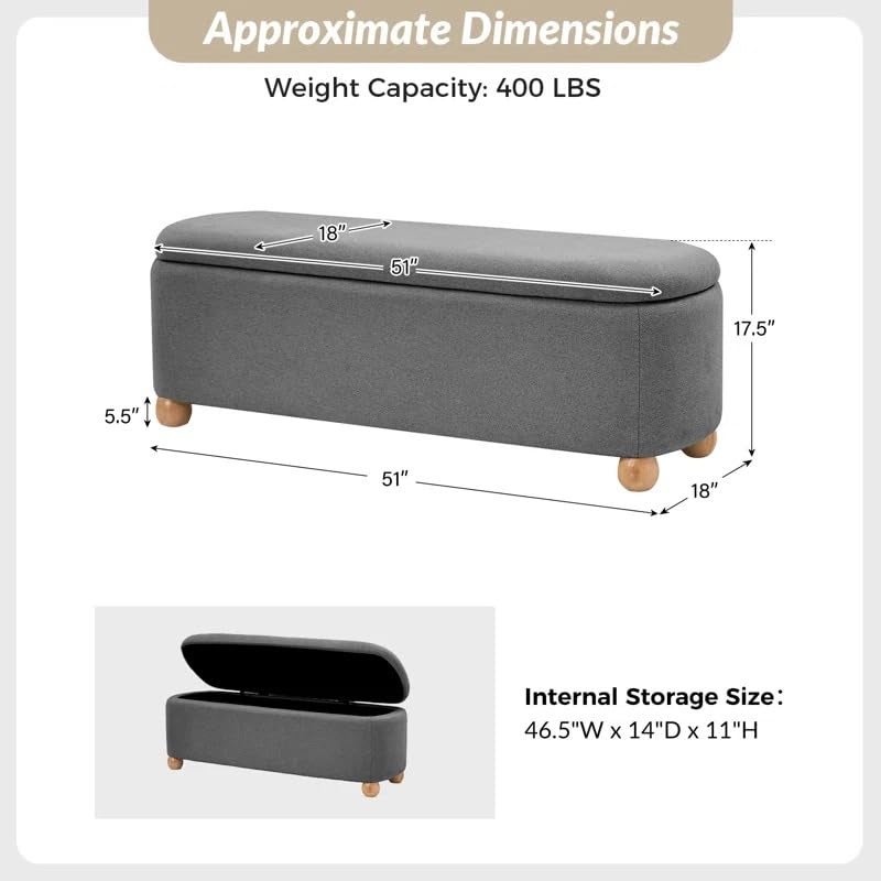 LEGACY OF COMFORT LEGACY OF COMFORT Darioush Modern 51 Wide Storage Bench with Solid Wood Legs 2 Seater Sofa Bench As Extra Seating Options Or Footrest Ottoman with Storage Bench for Living Room Bedroom Dark Grey  - Image 2