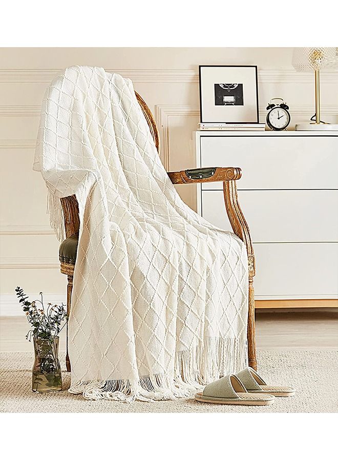 Arabest Soft Cozy Knit Blanket with Tassels for Couch and Bed Off White - Image 1