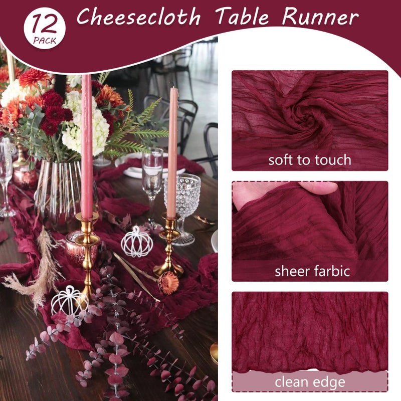 Fivenl 12 Pack 10Ft Cheesecloth Table Runner 35x120 Inch Boho Gauze Table Runner Rustic Cheese Cloth Long Romantic Table Runners for Wedding Bridal Shower Birthday Party Table Decor (Burgundy) - Image 4