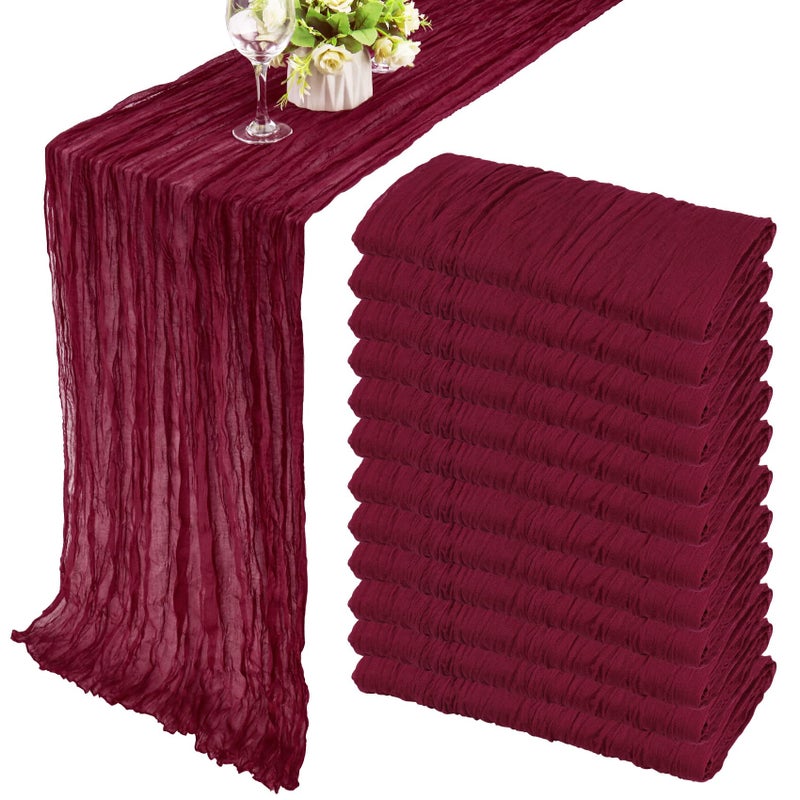 Fivenl 12 Pack 10Ft Cheesecloth Table Runner 35x120 Inch Boho Gauze Table Runner Rustic Cheese Cloth Long Romantic Table Runners for Wedding Bridal Shower Birthday Party Table Decor (Burgundy) - Image 1