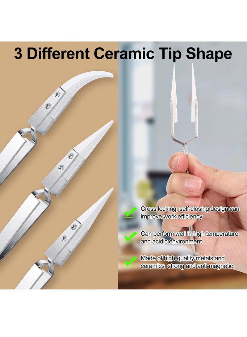 3 Pcs Ceramic Tweezers Stainless Steel Reverse Tweezers Heat Resistant Non Conductive Ceramic Tweezers for Precision Electrical Operation Silver Tone - Image 2
